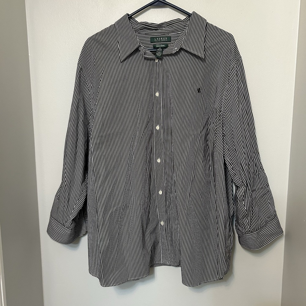 Lauren Ralph Lauren Women's Button Down Shirt Gray White Stripe 3X 3/4 Sleeve